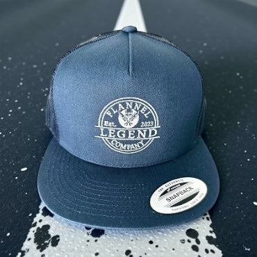 LEGEND NAVY BLUE WITH WHITE LOGO SNAP BACK FLAT BILL TRUCKER HAT