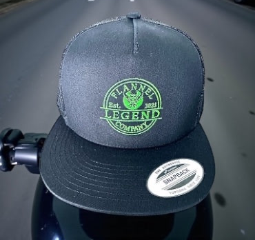 LEGEND FLAT BILL HAT WITH GREEN LOGO SNAP BACK TRUCKER HAT