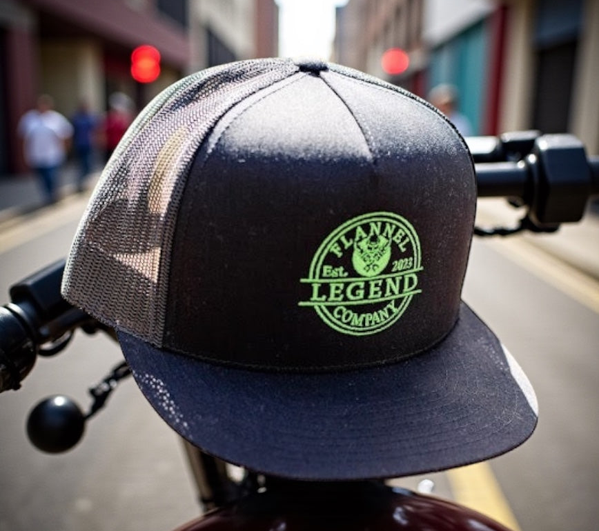 LEGEND FLAT BILL HAT WITH GREEN LOGO SNAP BACK TRUCKER HAT