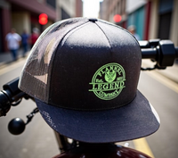 LEGEND FLAT BILL HAT WITH GREEN LOGO SNAP BACK TRUCKER HAT
