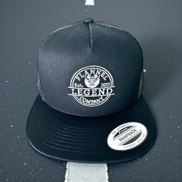 LEGEND BLACK WITH WHITE LOGO FLAT BILL SNAP BACK TRUCKER HAT