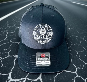 LEGEND BLACK WITH WHITE LOGO SNAP BACK CURVED BILL TRUCKER HAT
