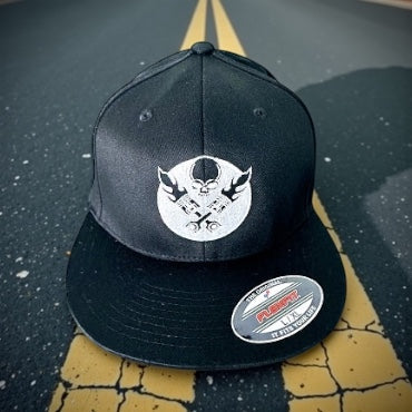 LEGEND BLACK WITH WHITE PISTON LOGO FLAT BILL FLEX FIT TRUCKER HAT