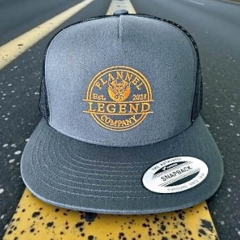 LEGEND HAT WITH ORANGE LOGO TWO TONE GREY FRONT WITH BLACK MESH BACK TRUCKER HAT