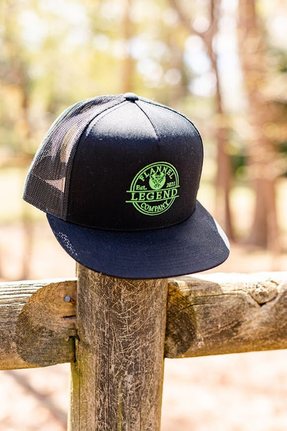 LEGEND FLAT BILL HAT WITH GREEN LOGO SNAP BACK TRUCKER HAT