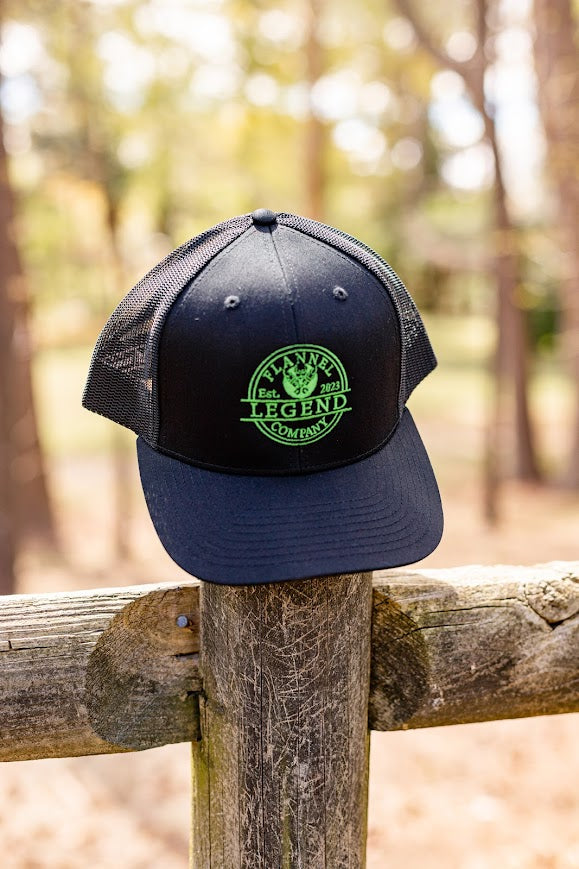 LEGEND BLACK WITH GREEN LOGO CURVED BILL  SNAP BACK TRUCKER HAT