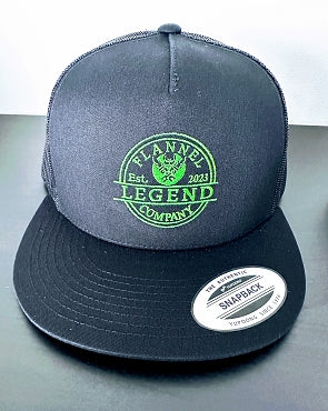 LEGEND FLAT BILL HAT WITH GREEN LOGO SNAP BACK TRUCKER HAT