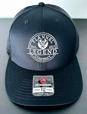 LEGEND BLACK WITH WHITE LOGO SNAP BACK CURVED BILL TRUCKER HAT