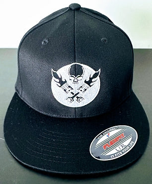 LEGEND BLACK WITH WHITE PISTON LOGO FLAT BILL FLEX FIT TRUCKER HAT