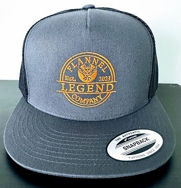 LEGEND HAT WITH ORANGE LOGO TWO TONE GREY FRONT WITH BLACK MESH BACK TRUCKER HAT