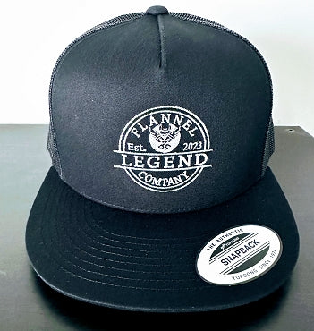 LEGEND BLACK WITH WHITE LOGO FLAT BILL SNAP BACK TRUCKER HAT