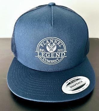 LEGEND NAVY BLUE WITH WHITE LOGO SNAP BACK FLAT BILL TRUCKER HAT